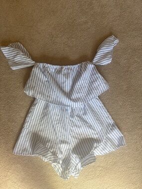 Striped Blue & White Girls' Off-Shoulder Romper